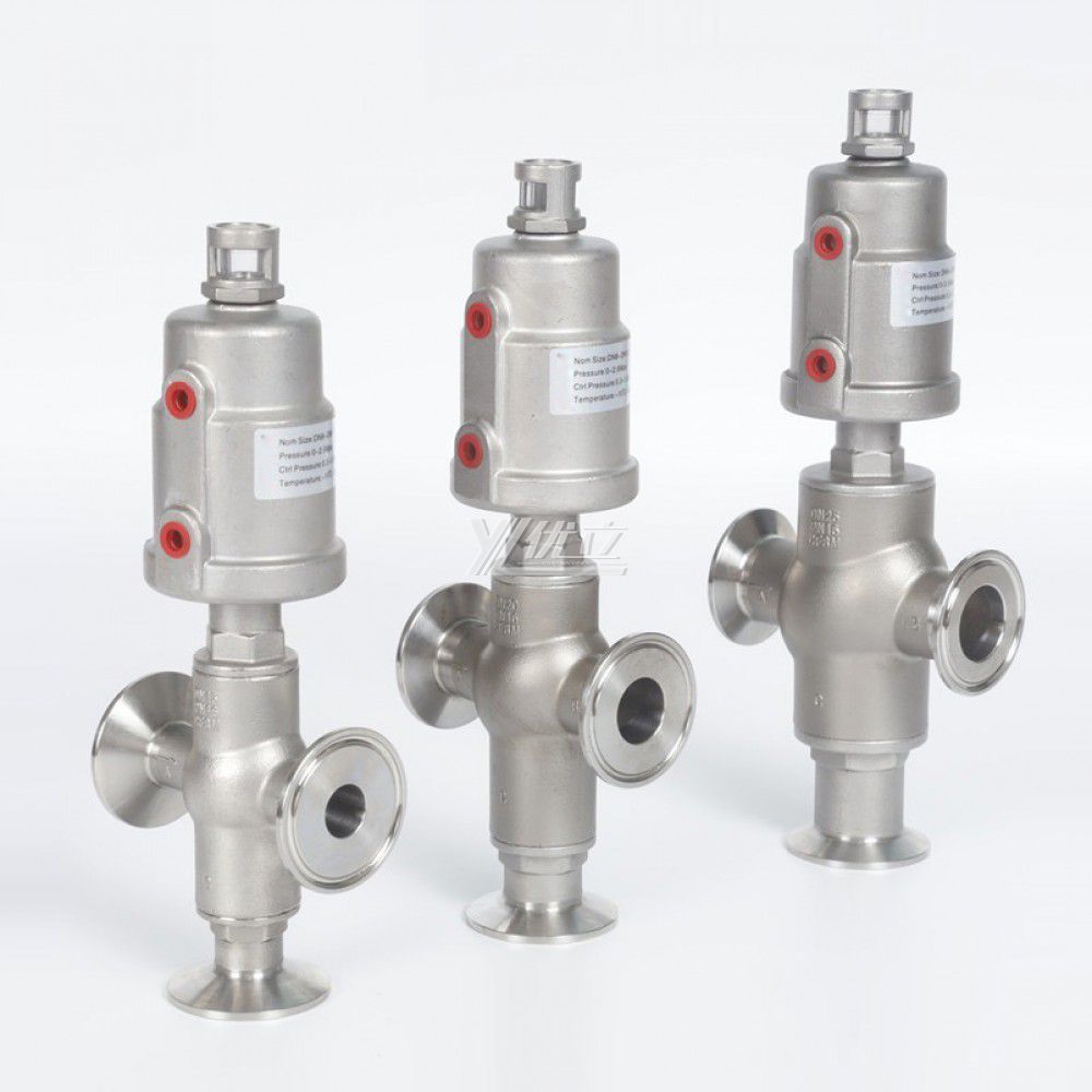 YOULI High Temperature Steam 1.6mpa 304 316 BSP NPT Stainless Steel Head Pneumatic Three Way Tri-clamped Angle Seat Valve